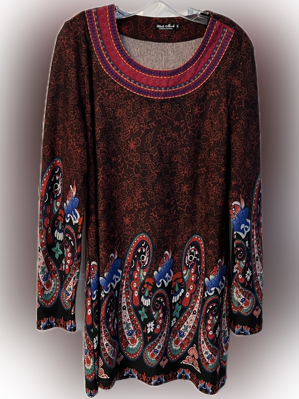 White Mark XL red blue green multicolor Soft Knit Dress Paisley Long Sleeves